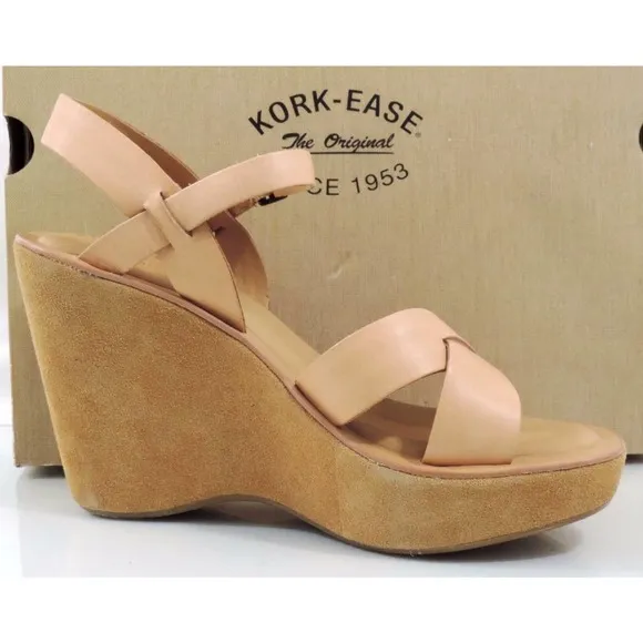 Kork Ease Bette Platform Wedge Heels Sandal Leather Natural Size 10
