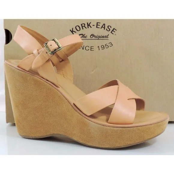 Kork Ease Bette Platform Wedge Heels Sandal Leather Natural Size 10