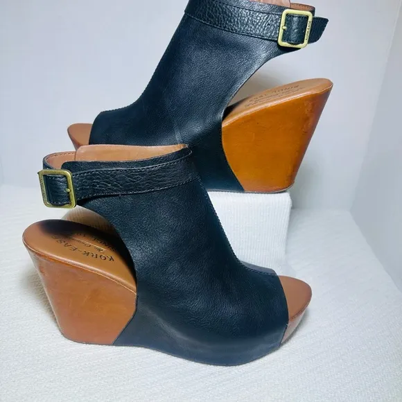 Kork-Ease Black Leather Wedge Sandals