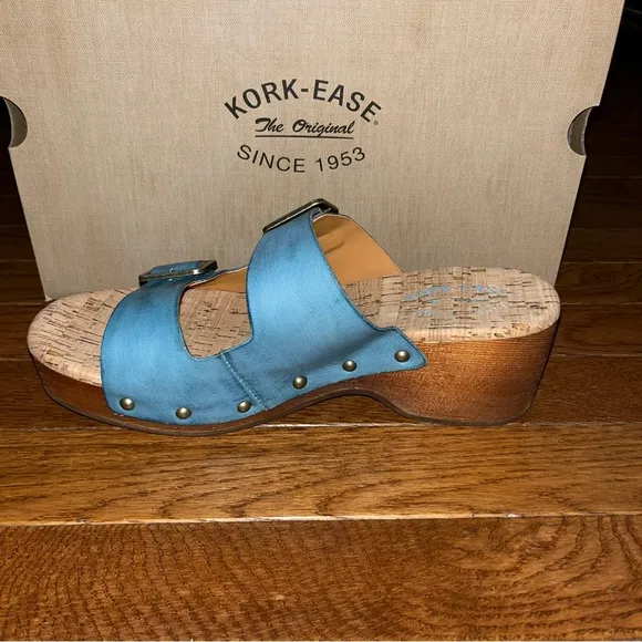 Kork-Ease Saffron Slide Sandals Turquoise Leather Women’s 8 Woodgrain Block Heel