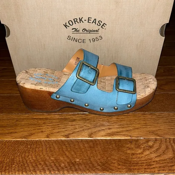 Kork-Ease Saffron Slide Sandals Turquoise Leather Women’s 8 Woodgrain Block Heel