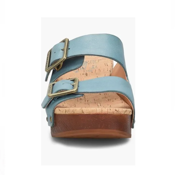 Kork-Ease Saffron Slide Sandals Turquoise Leather Women’s 8 Woodgrain Block Heel