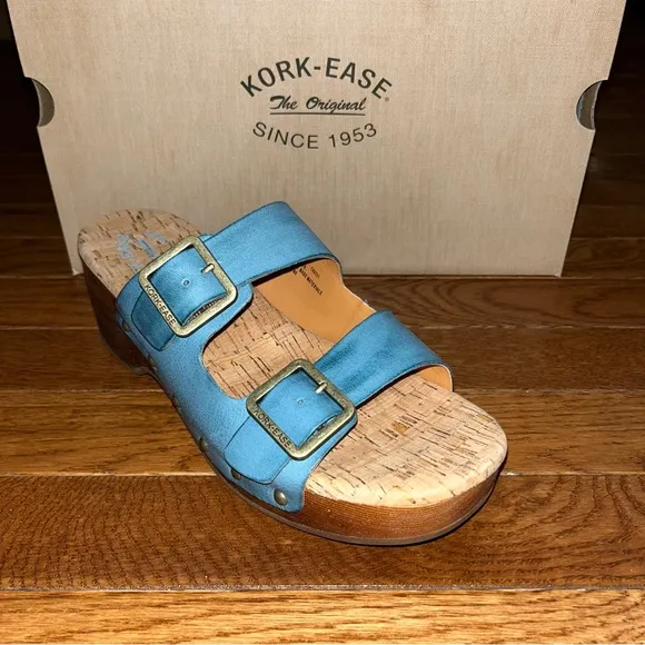 Kork-Ease Saffron Slide Sandals Turquoise Leather Women’s 8 Woodgrain Block Heel