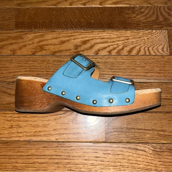 Kork-Ease Saffron Slide Sandals Turquoise Leather Women’s 8 Woodgrain Block Heel