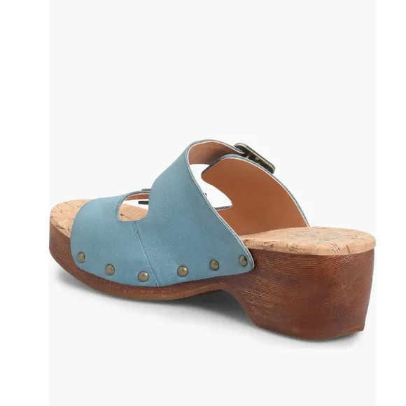 Kork-Ease Saffron Slide Sandals Turquoise Leather Women’s 8 Woodgrain Block Heel