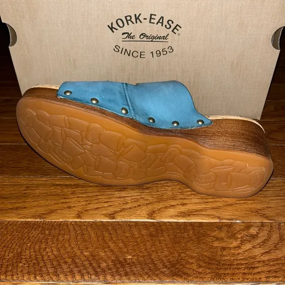 Kork-Ease Saffron Slide Sandals Turquoise Leather Women’s 8 Woodgrain Block Heel