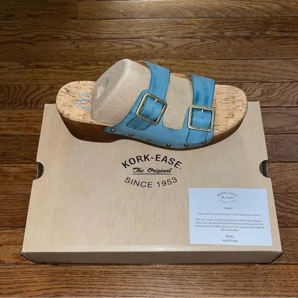 Kork-Ease Saffron Slide Sandals Turquoise Leather Women’s 8 Woodgrain Block Heel