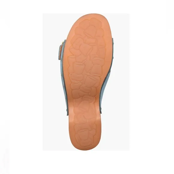Kork-Ease Saffron Slide Sandals Turquoise Leather Women’s 8 Woodgrain Block Heel