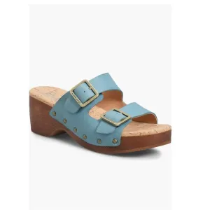 Kork-Ease Saffron Slide Sandals Turquoise Leather Women’s 8 Woodgrain Block Heel