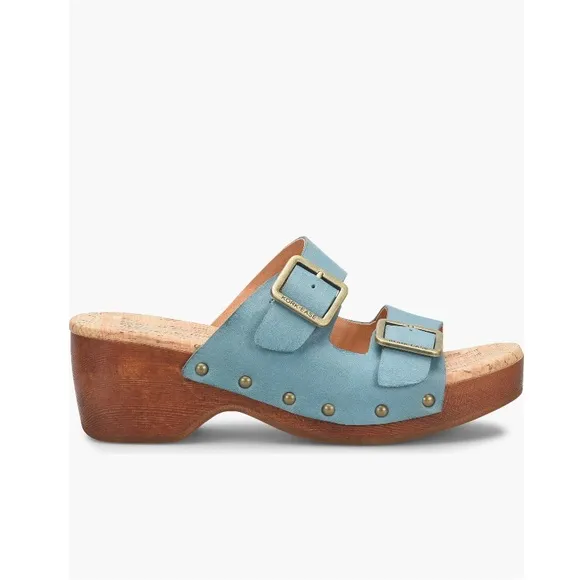 Kork-Ease Saffron Slide Sandals Turquoise Leather Women’s 8 Woodgrain Block Heel