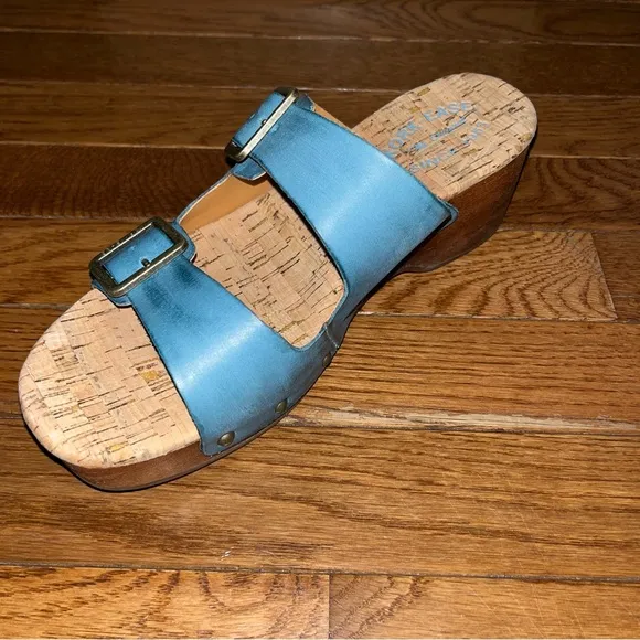 Kork-Ease Saffron Slide Sandals Turquoise Leather Women’s 8 Woodgrain Block Heel