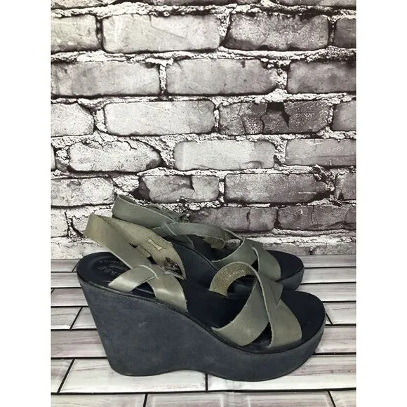 Kork-Ease Taupe Gray Leather Platform High Wedge Sandals Women Sz 8M US/38EU