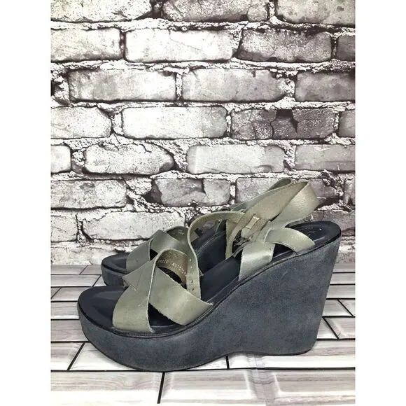 Kork-Ease Taupe Gray Leather Platform High Wedge Sandals Women Sz 8M US/38EU