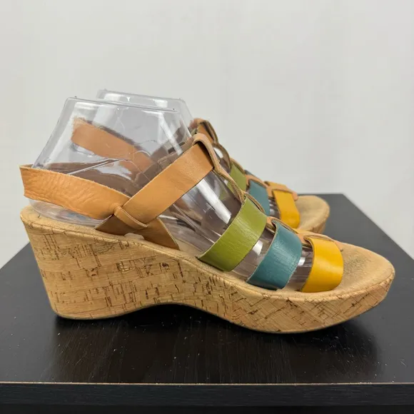 Korks by Kork Ease Wedge Sandals Womens 9 Tan Colorful Strappy Buckle Platform