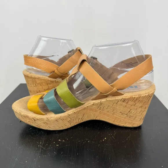 Korks by Kork Ease Wedge Sandals Womens 9 Tan Colorful Strappy Buckle Platform