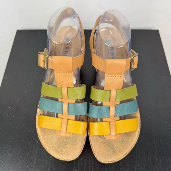 Korks by Kork Ease Wedge Sandals Womens 9 Tan Colorful Strappy Buckle Platform