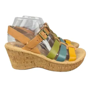 Korks by Kork Ease Wedge Sandals Womens 9 Tan Colorful Strappy Buckle Platform
