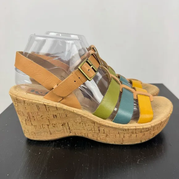 Korks by Kork Ease Wedge Sandals Womens 9 Tan Colorful Strappy Buckle Platform