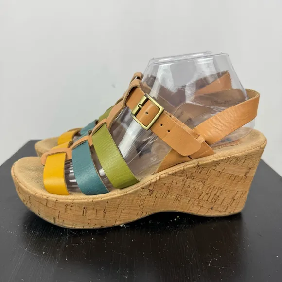 Korks by Kork Ease Wedge Sandals Womens 9 Tan Colorful Strappy Buckle Platform