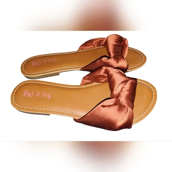 Korks Soleil Knot Slide Sandals Size 8M Rust Copper Satin Slip On Cute