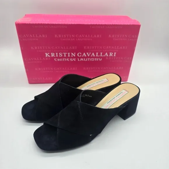 Kristin Cavallari Chinese Laundry Luvvock Slide Sandals 8 Black Suede Block Heel