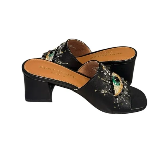 KURT GEIGER LONDON black OLIVE Embellished Eye Block Heel mule Sandals size