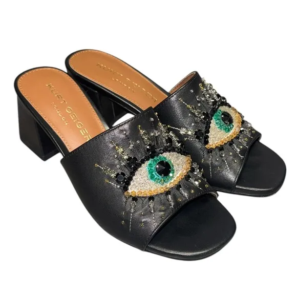 KURT GEIGER LONDON black OLIVE Embellished Eye Block Heel mule Sandals size