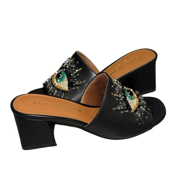 KURT GEIGER LONDON black OLIVE Embellished Eye Block Heel mule Sandals size