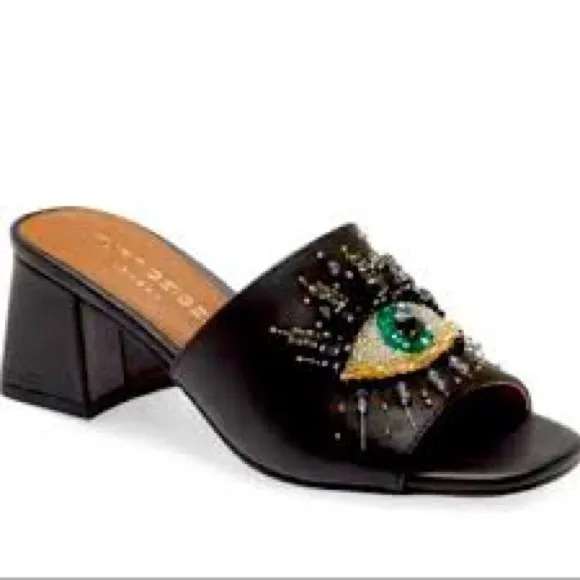KURT GEIGER LONDON black OLIVE Embellished Eye Block Heel mule Sandals size