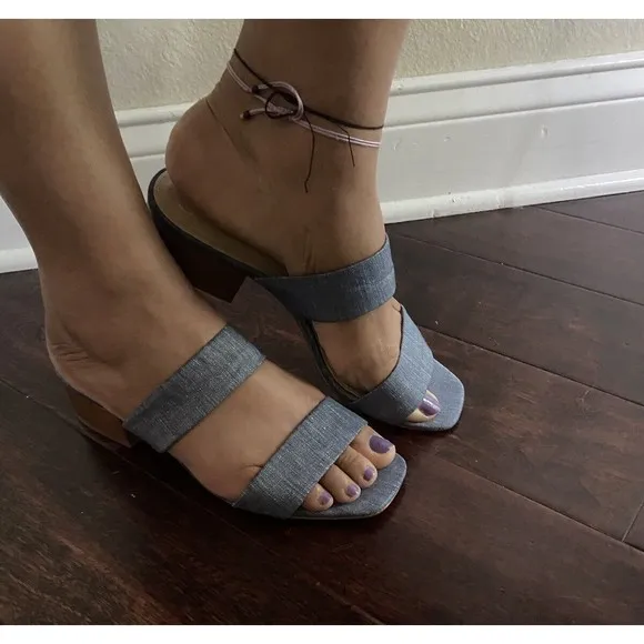 Lafayette 148 New York LF- BREEN Chambray Denim Square Toe Sandals Women's  9.5M