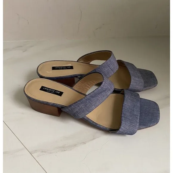 Lafayette 148 New York LF- BREEN Chambray Denim Square Toe Sandals Women's  9.5M