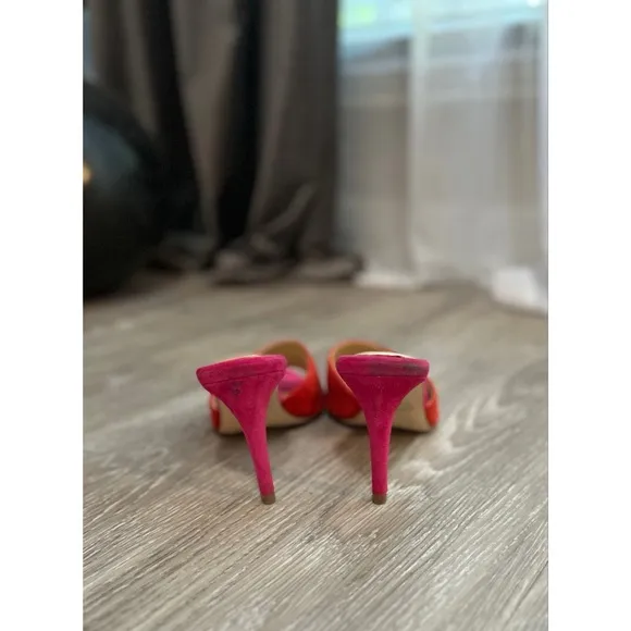 L'AGENCE Lolita Suede Open Toe Sandals Heel Size 40 Pink Red Colorblock