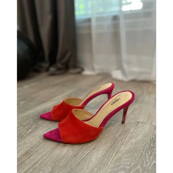 L'AGENCE Lolita Suede Open Toe Sandals Heel Size 40 Pink Red Colorblock