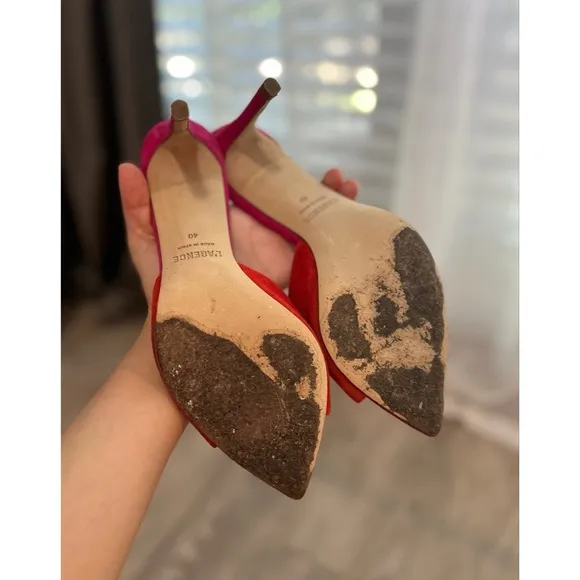 L'AGENCE Lolita Suede Open Toe Sandals Heel Size 40 Pink Red Colorblock