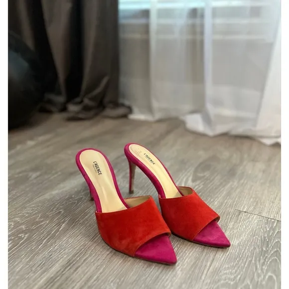 L'AGENCE Lolita Suede Open Toe Sandals Heel Size 40 Pink Red Colorblock