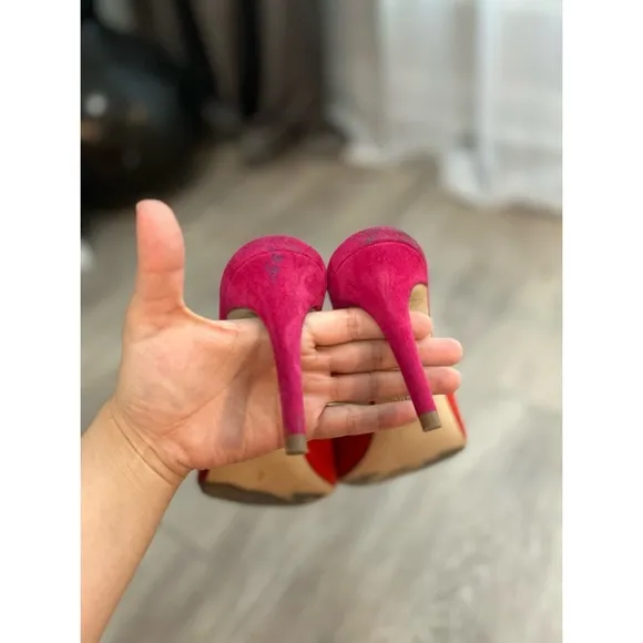 L'AGENCE Lolita Suede Open Toe Sandals Heel Size 40 Pink Red Colorblock