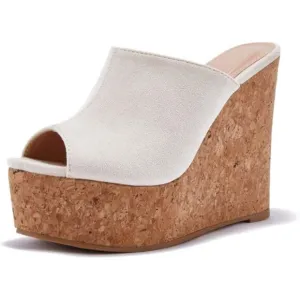 LAICIGO Womens Wedge Platform Slide on Sandals Open Toe Cork Faux Suede Dress