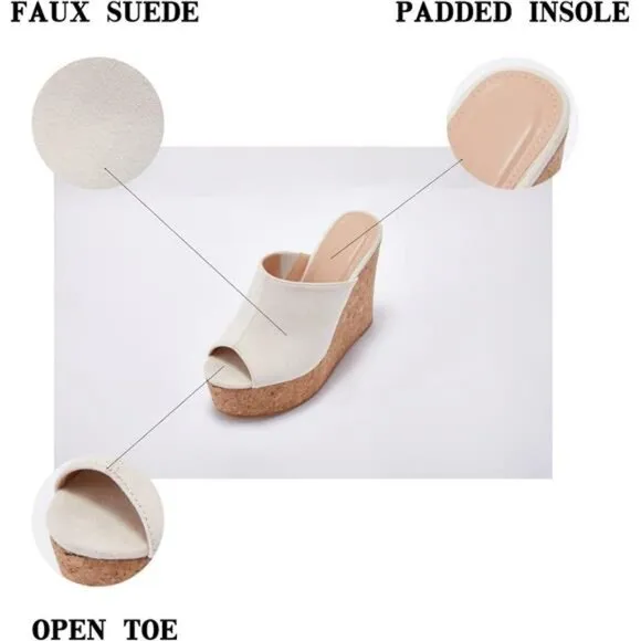LAICIGO Womens Wedge Platform Slide on Sandals Open Toe Cork Faux Suede Dress