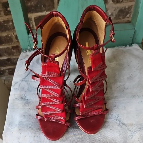 L.A.M.B. Rhett Red High Heel Sandals with Strappy Design and Stiletto Heel