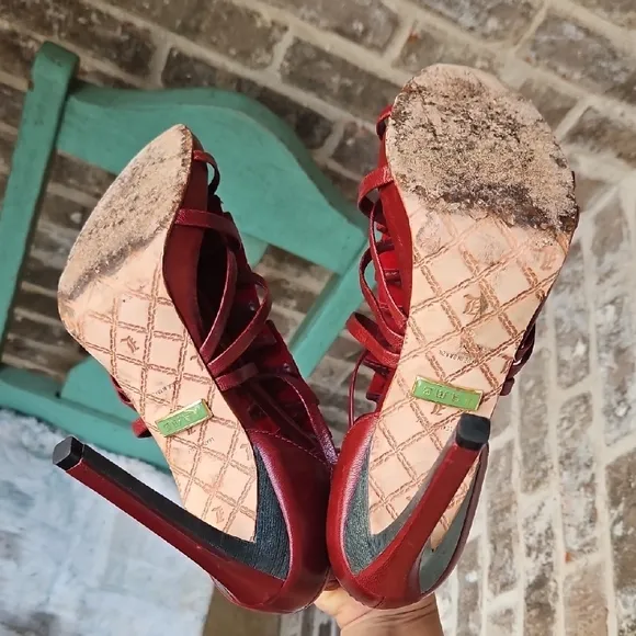 L.A.M.B. Rhett Red High Heel Sandals with Strappy Design and Stiletto Heel