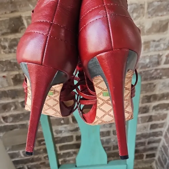 L.A.M.B. Rhett Red High Heel Sandals with Strappy Design and Stiletto Heel