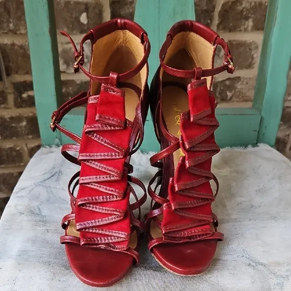 L.A.M.B. Rhett Red High Heel Sandals with Strappy Design and Stiletto Heel