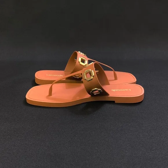 LARROUDÉ Milan S T-Strap Sandals with Gold Eyelets — Women’s 10/11 US - Caramel