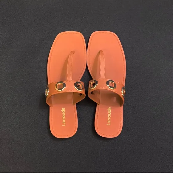 LARROUDÉ Milan S T-Strap Sandals with Gold Eyelets — Women’s 10/11 US - Caramel