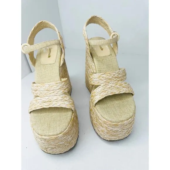 Larroudé Neutral tan Carmen 145MM Raffia Platform Sandals size 9