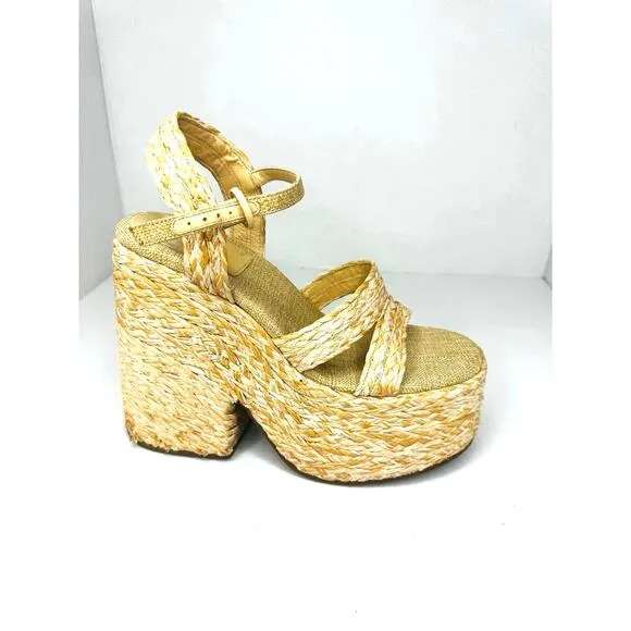 Larroudé Neutral tan Carmen 145MM Raffia Platform Sandals size 9