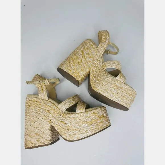 Larroudé Neutral tan Carmen 145MM Raffia Platform Sandals size 9