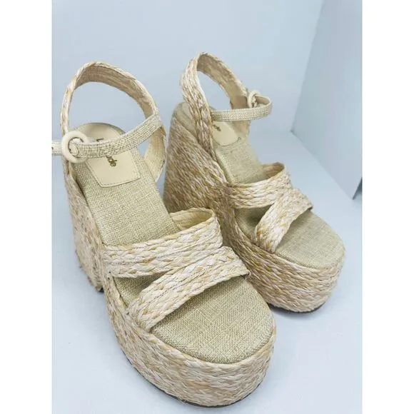 Larroudé Neutral tan Carmen 145MM Raffia Platform Sandals size 9