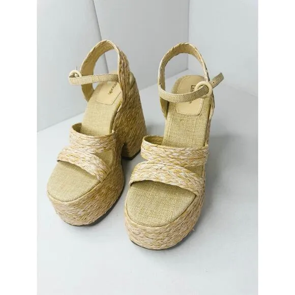 Larroudé Neutral tan Carmen 145MM Raffia Platform Sandals size 9
