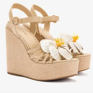 Larroude Magnolia Wedge In Ivory Leather Platform Sandals